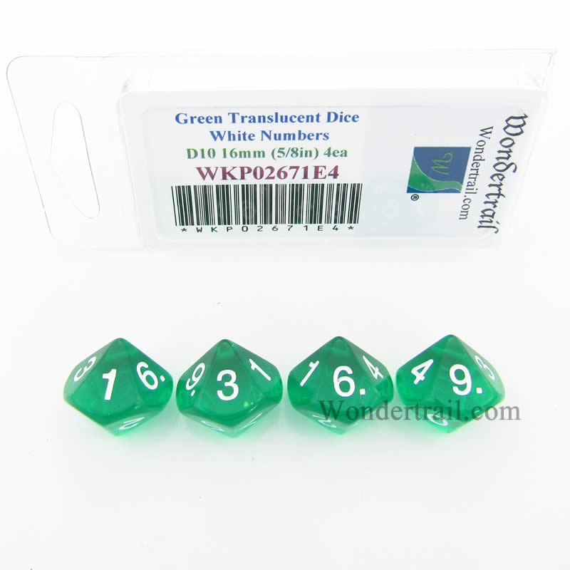 WKP02671E4 Green Transparent Dice White Numbers D10 16mm Pack of 4 Main Image