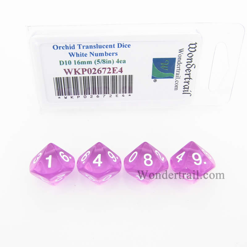 WKP02672E4 Orchid Transparent Dice White Numbers D10 16mm Pack of 4 Main Image
