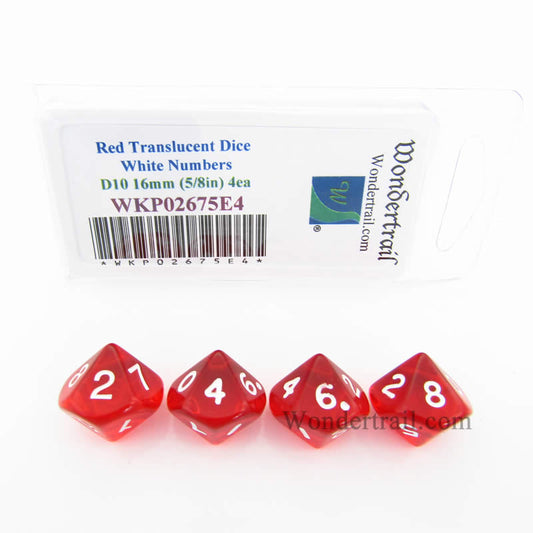 WKP02675E4 Red Transparent Dice White Numbers D10 16mm Pack of 4 Main Image