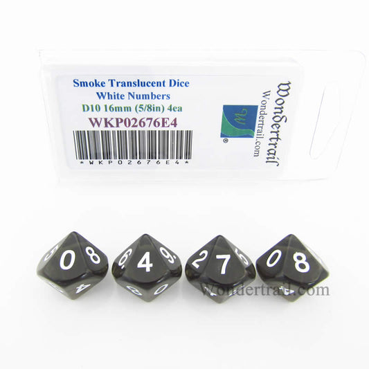WKP02676E4 Smoke Transparent Dice White Numbers D10 16mm Pack of 4 Main Image