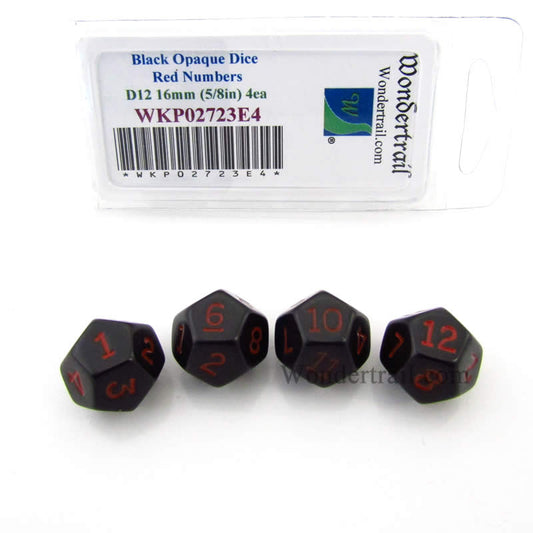WKP02723E4 Black Opaque Dice Red Numbers D12 16mm (5/8in) Pack of 4 Main Image