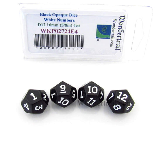 WKP02724E4 Black Opaque Dice White Numbers D12 16mm (5/8in) Pack of 4 Main Image