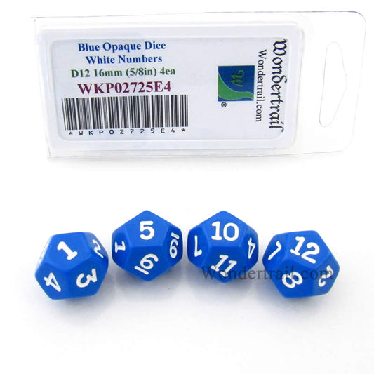 WKP02725E4 Blue Opaque Dice White Numbers D12 16mm (5/8in) Pack of 4 Main Image