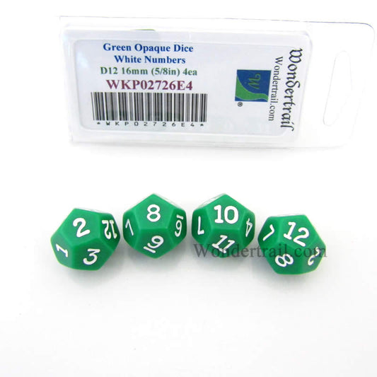 WKP02726E4 Green Opaque Dice White Numbers D12 16mm Pack of 4 Main Image