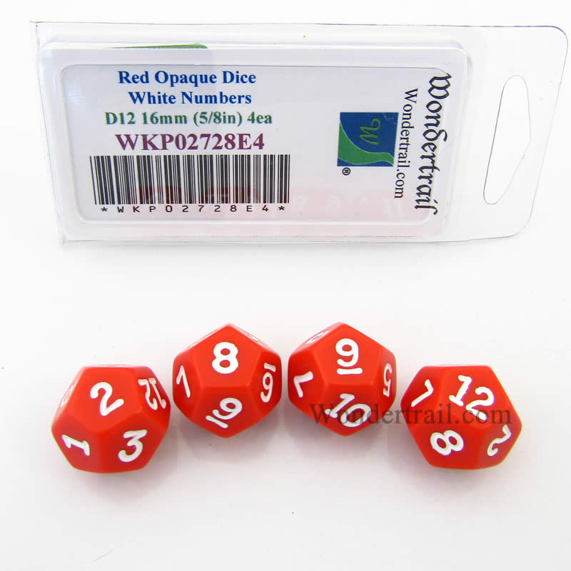 WKP02728E4 Red Opaque Dice White Numbers D12 16mm (5/8in) Pack of 4 Main Image