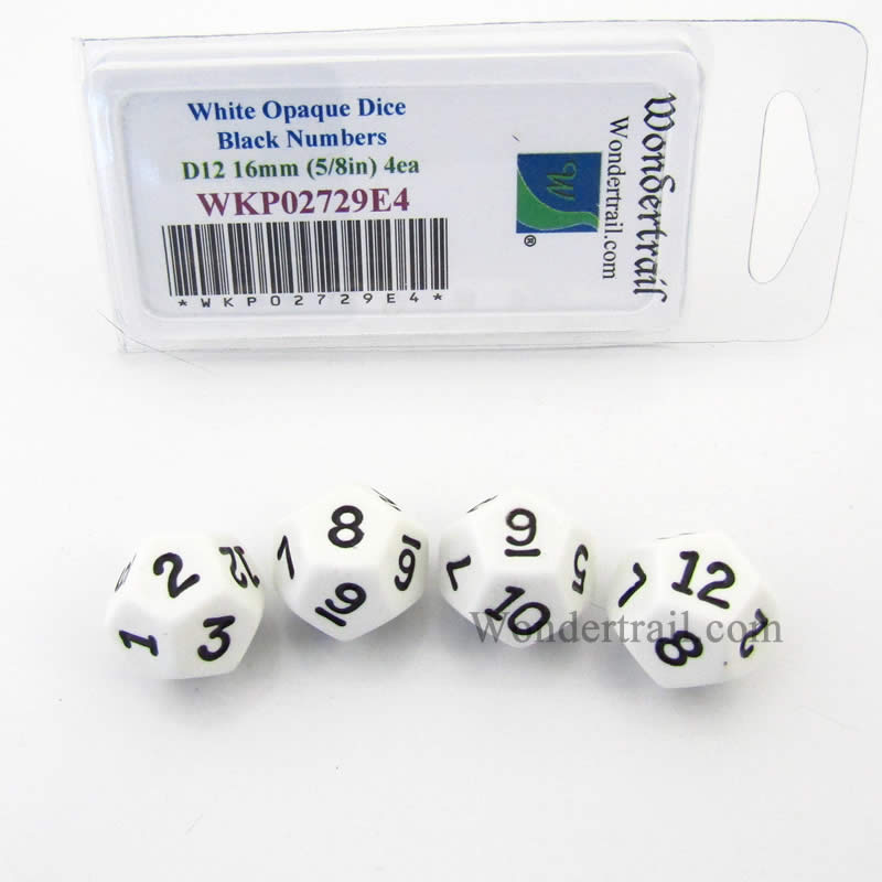 WKP02729E4 White Opaque Dice Black Numbers D12 16mm Pack of 4 Main Image