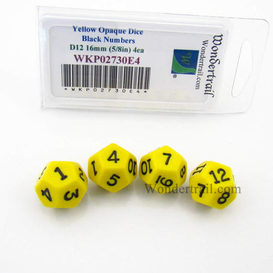 WKP02730E4 Yellow Opaque Dice Black Numbers D12 16mm Pack of 4 Main Image