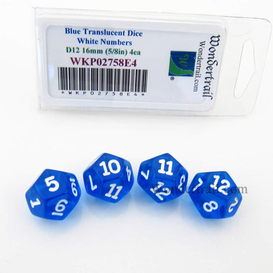 WKP02758E4 Blue Transparent Dice White Numbers D12 16mm Pack of 4 Main Image