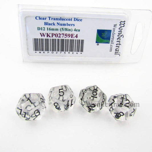 WKP02759E4 Clear Transparent Dice Black Numbers D12 16mm Pack of 4 Main Image