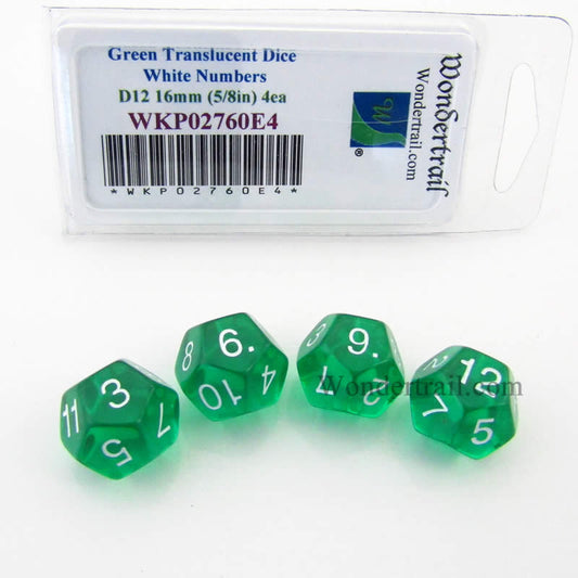 WKP02760E4 Green Transparent Dice White Numbers D12 16mm Pack of 4 Main Image