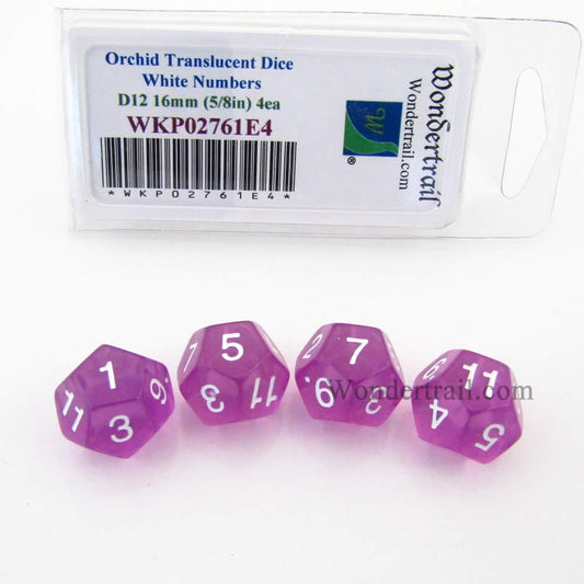 WKP02761E4 Orchid Transparent Dice White Numbers D12 16mm Pack of 4 Main Image