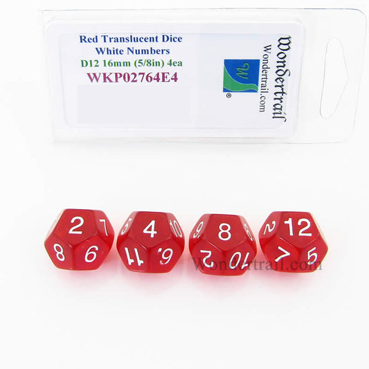 WKP02764E4 Red Transparent Dice White Numbers D12 16mm Pack of 4 Main Image