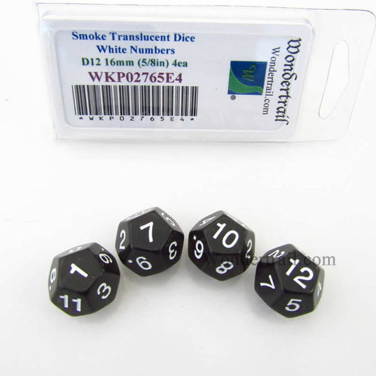 WKP02765E4 Smoke Transparent Dice White Numbers D12 16mm Pack of 4 Main Image