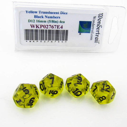 WKP02767E4 Yellow Transparent Dice Black Numbers D12 16mm Pack of 4 Main Image