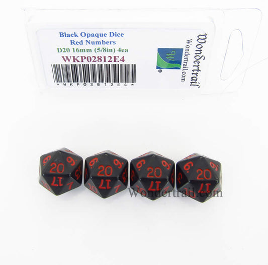 WKP02812E4 Black Opaque Dice Red Numbers D20 16mm Pack of 4 Main Image