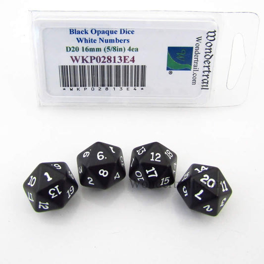 WKP02813E4 Black Opaque Dice White Numbers D20 16mm Pack of 4 Main Image