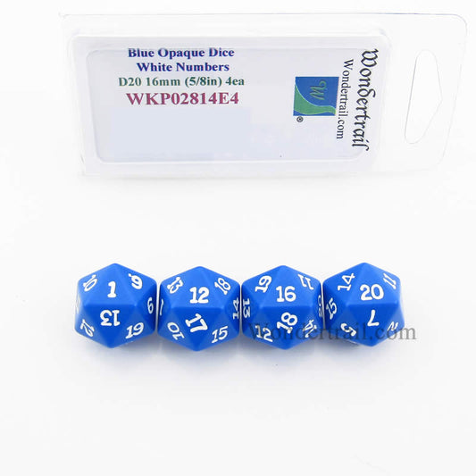 WKP02814E4 Blue Opaque Dice White Numbers D20 16mm (5/8in) Pack of 4 Main Image