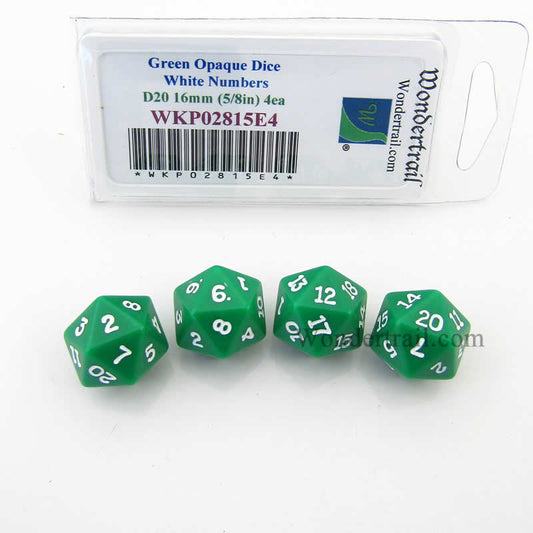 WKP02815E4 Green Opaque Dice White Numbers D20 16mm Pack of 4 Main Image
