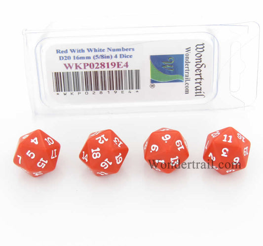 WKP02819E4 Red Opaque Dice White Numbers D20 16mm (5/8in) Pack of 4 Main Image