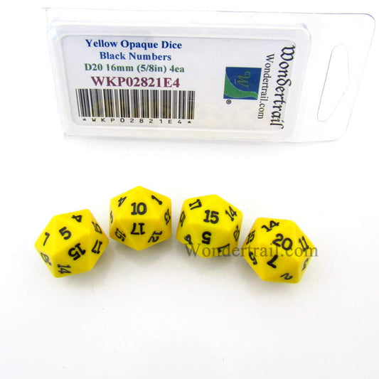 WKP02821E4 Yellow Opaque Dice Black Numbers D20 16mm Pack of 4 Main Image