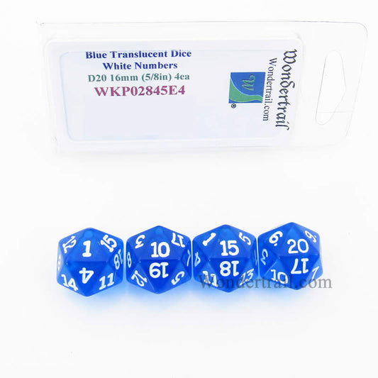 WKP02845E4 Blue Transparent Dice White Numbers D20 16mm Pack of 4 Main Image
