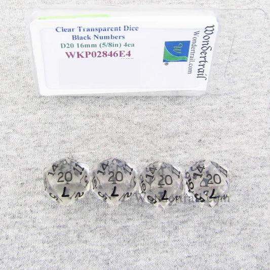 WKP02846E4 Clear Transparent Dice Black Numbers D20 16mm Pack of 4 Main Image
