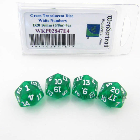 WKP02847E4 Green Transparent Dice White Numbers D20 16mm Pack of 4 Main Image