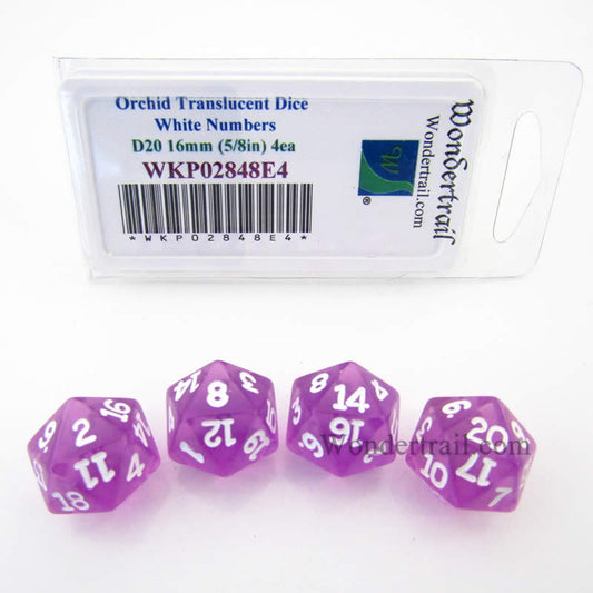 WKP02848E4 Orchid Transparent Dice White Numbers D20 16mm Pack of 4 Main Image