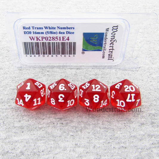 WKP02851E4 Red Transparent Dice White Numbers D20 16mm Pack of 4 Main Image