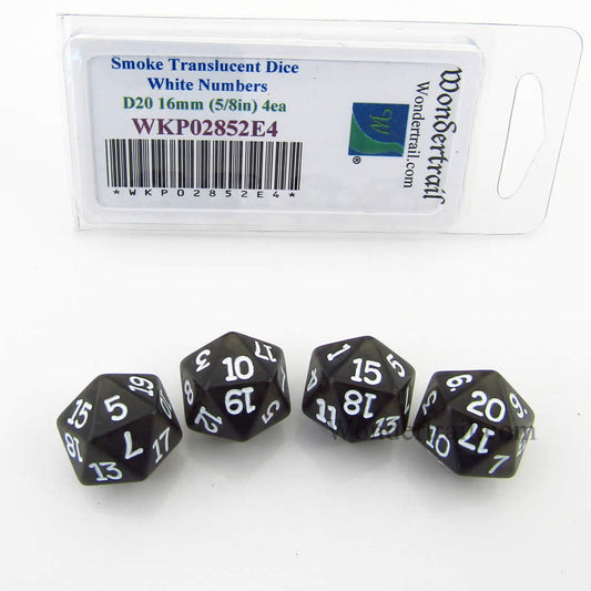 WKP02852E4 Smoke Transparent Dice White Numbers D20 16mm Pack of 4 Main Image