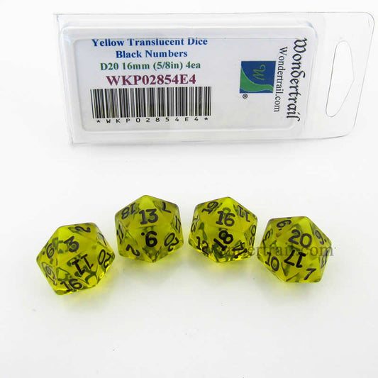 WKP02854E4 Yellow Transparent Dice Black Numbers D20 16mm Pack of 4 Main Image