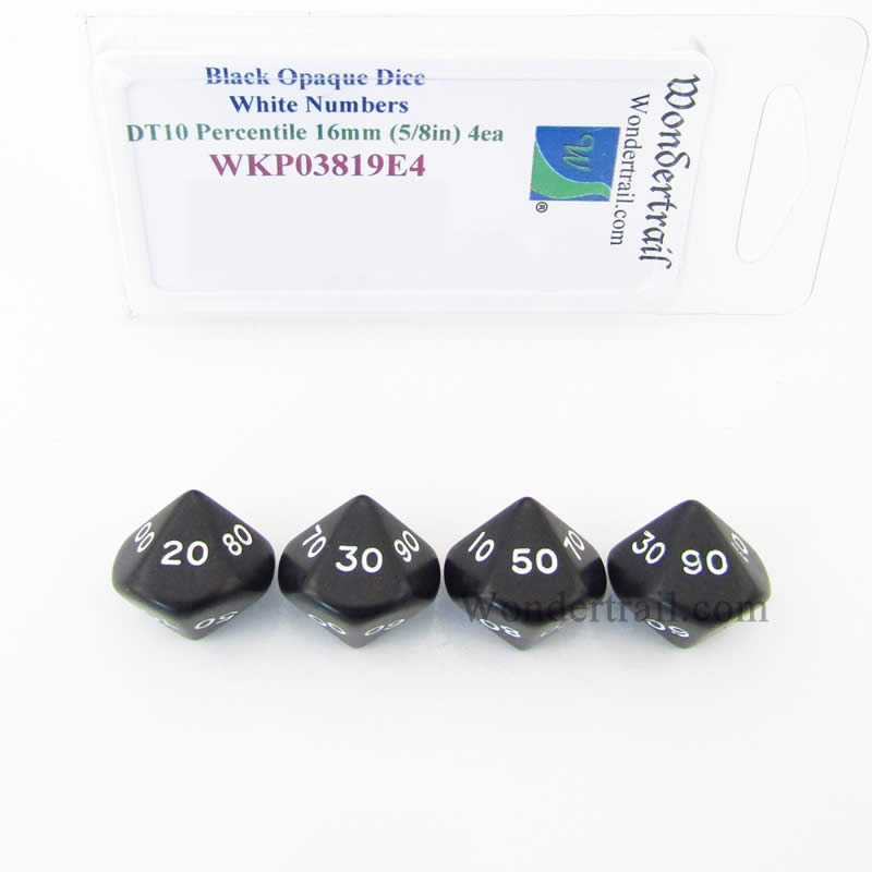 WKP03819E4 Black Opaque Dice White Numbers DT10 16mm Pack of 4 Main Image