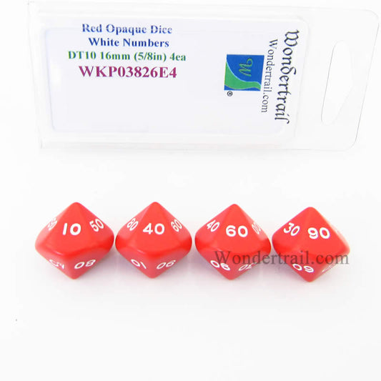WKP03826E4 Red Opaque Dice White Numbers DT10 16mm Pack of 4 Main Image