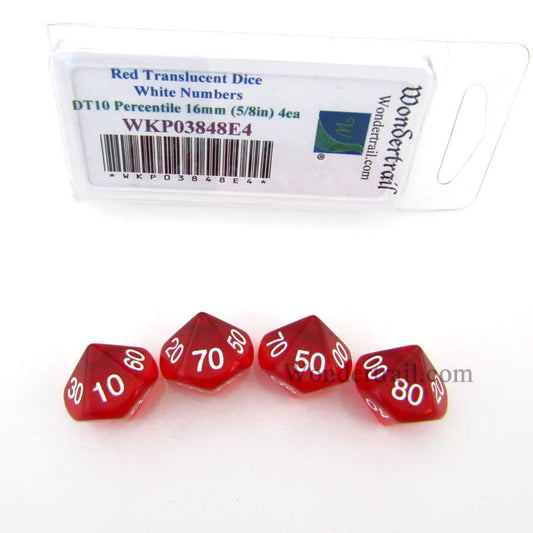 WKP03848E4 Red Transparent Dice White Numbers DT10 16mm Pack of 4 Main Image