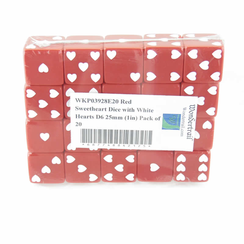 WKP03928E20 Red Sweetheart Dice with White Hearts D6 25mm (1in) Pack of 20 Main Image