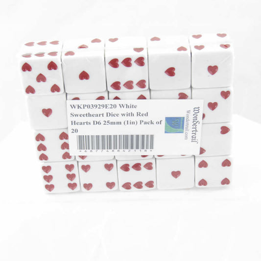 WKP03929E20 White Sweetheart Dice with Red Hearts D6 25mm (1in) Pack of 20 Main Image