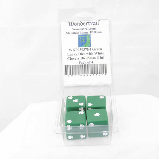 WKP03937E4 Green Lucky Dice with White Clovers D6 25mm (1in) Pack of 4 Main Image