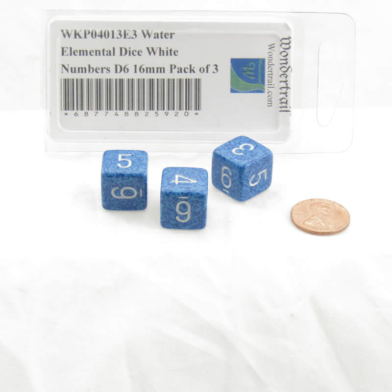 WKP04013E3 Water Elemental Dice White Numbers D6 16mm Pack of 3 2nd Image