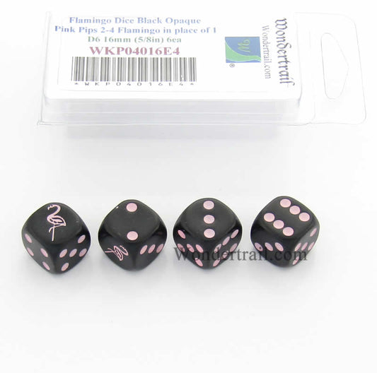 WKP04016E4 Flamingo Dice D6 Black Opaque Pink Pips 16mm Set of 4 Main Image