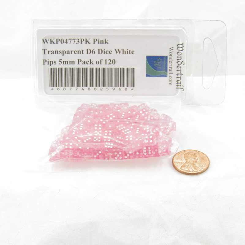 WKP04773PK Pink Transparent D6 Dice White Pips 5mm Pack of 120 2nd Image