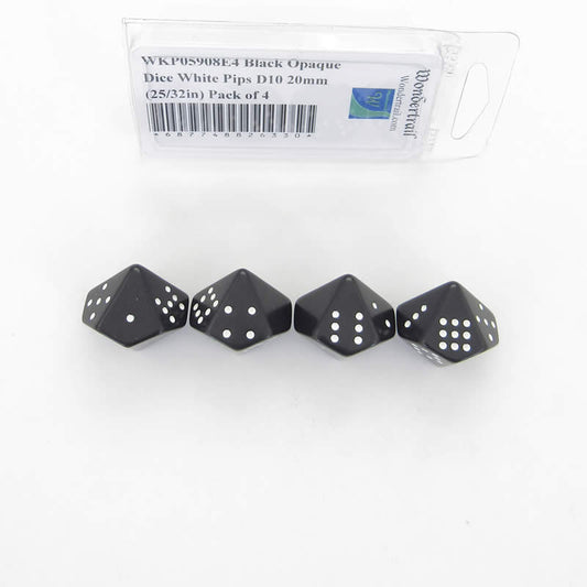 WKP05908E4 Black Opaque Dice White Pips D10 20mm (25/32in) Pack of 4 Main Image