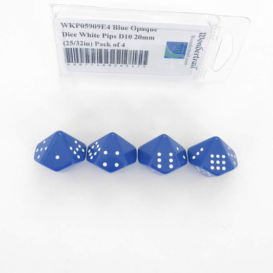 WKP05909E4 Blue Opaque Dice White Pips D10 20mm (25/32in) Pack of 4 Main Image