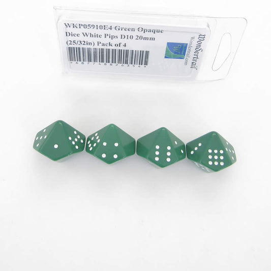 WKP05910E4 Green Opaque Dice White Pips D10 20mm (25/32in) Pack of 4 Main Image