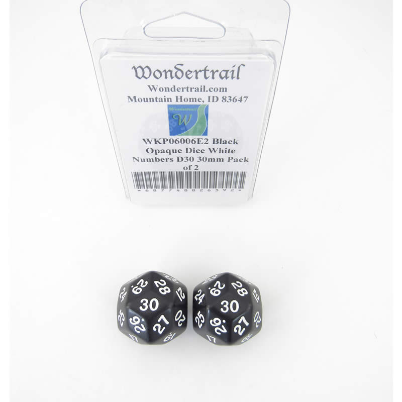 WKP06006E2 Black Opaque Dice White Numbers D30 30mm Pack of 2 Main Image