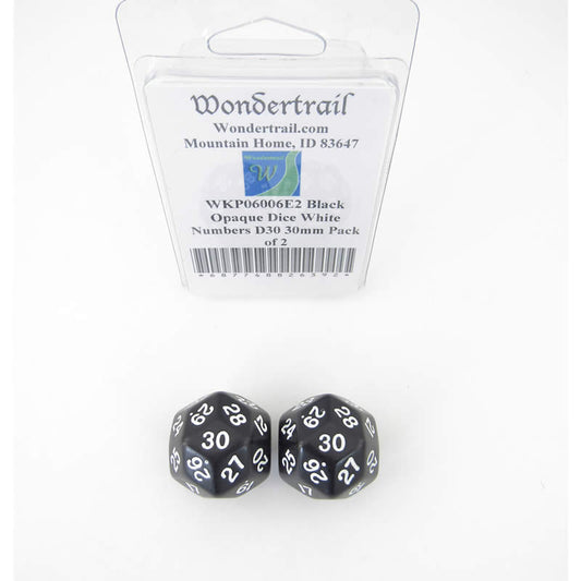 WKP06006E2 Black Opaque Dice White Numbers D30 30mm Pack of 2 Main Image
