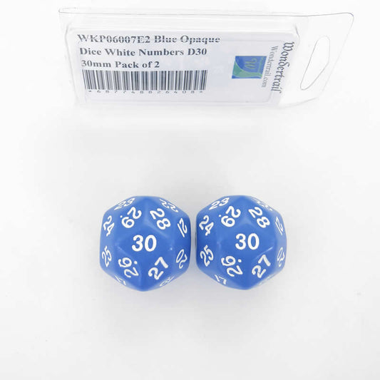 WKP06007E2 Blue Opaque Dice White Numbers D30 30mm Pack of 2 Main Image
