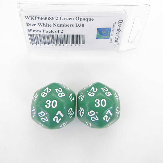 WKP06008E2 Green Opaque Dice White Numbers D30 30mm Pack of 2 Main Image