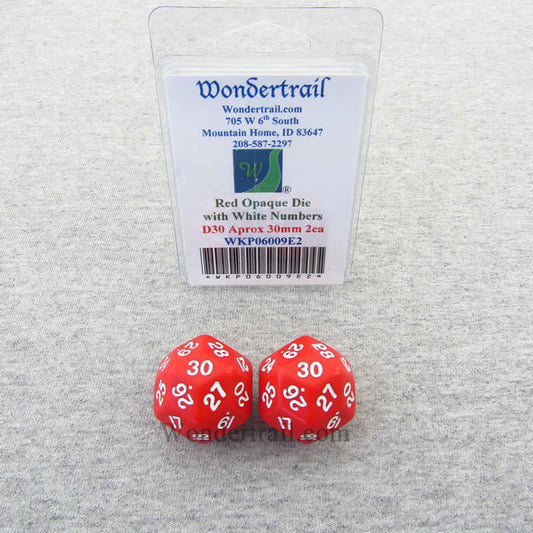 WKP06009E2 Red Opaque Dice White Numbers D30 30mm Pack of 2 Main Image