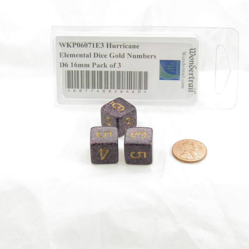 WKP06071E3 Hurricane Elemental Dice Gold Numbers D6 16mm Pack of 3 2nd Image