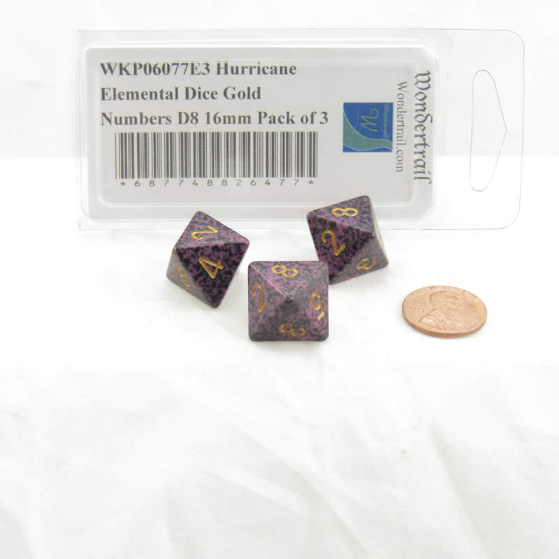 WKP06077E3 Hurricane Elemental Dice Gold Numbers D8 16mm Pack of 3 2nd Image